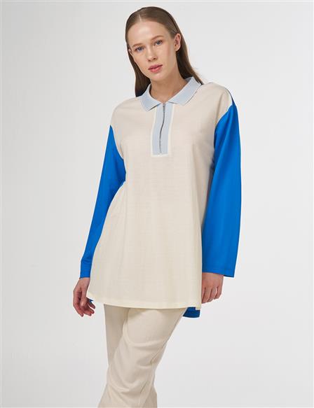 Yarım Fermuar Kapamalı Sweatshirt Kobalt Mavi