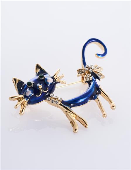 Brown Detailed Cat Figure Brooch Midnight Blue