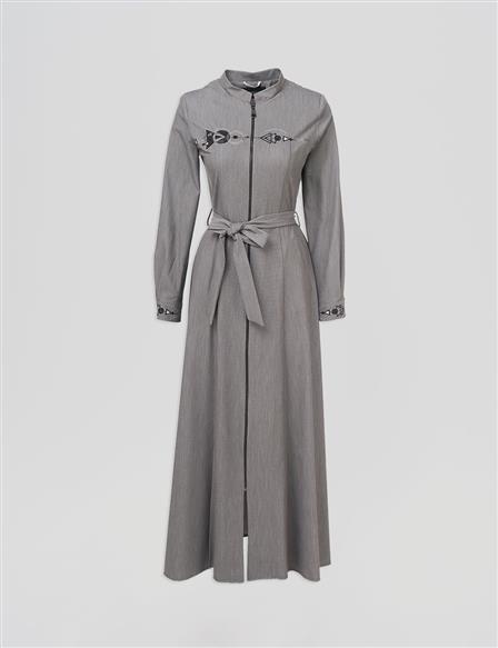 Belted Mandarin Collar Coat Gray