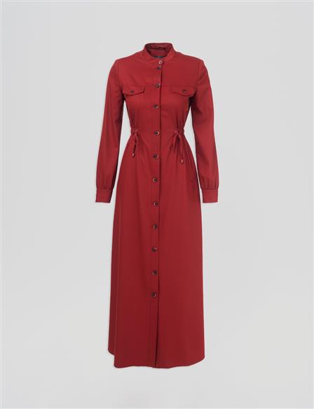 Drawstring Waist Mandarin Collar Coat Terracotta