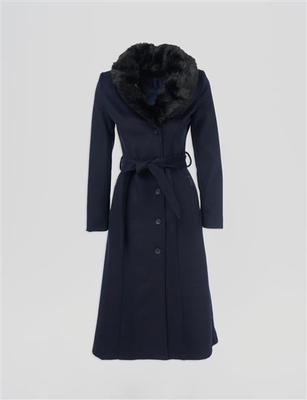 Faux Fur Detailed Cashmere Coat Navy 