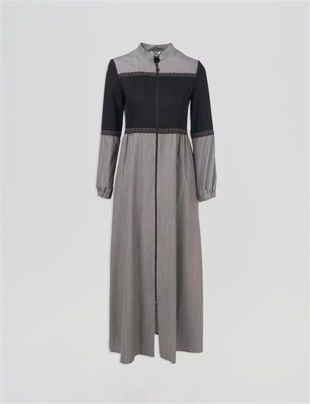 Embroidered Mandarin Collar Coat Gray