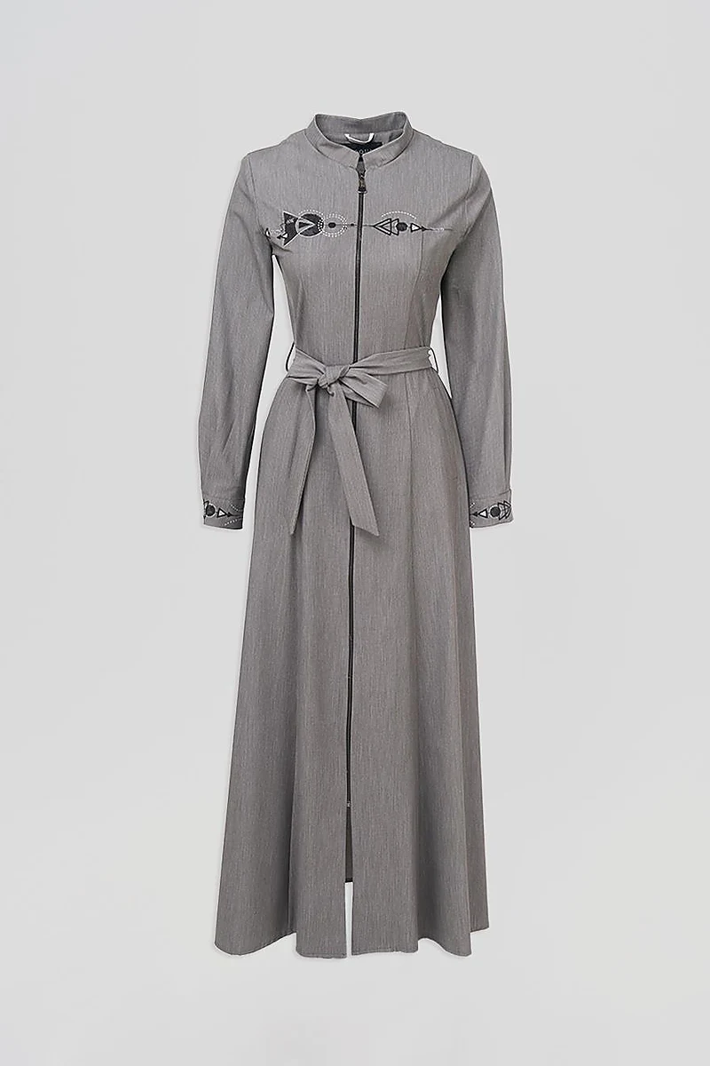 Belted Mandarin Collar Coat Gray
