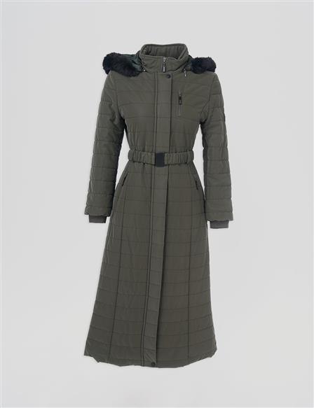 Zipper Detailed Hooded Coat Khaki