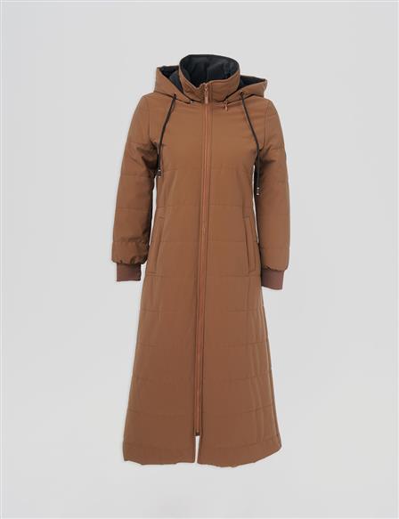 Bağcık Detaylı Kapüşonlu Mont Camel