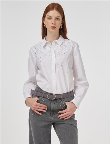 Taş İşlemeli Denim Pantolon Gri