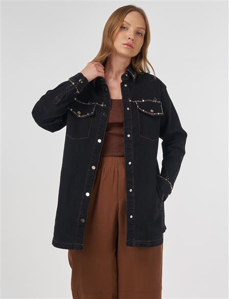 İşlemeli Denim Ceket Siyah