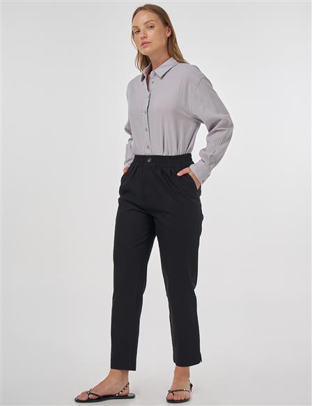 Beli Lastikli Boru Paça Pantolon Siyah 