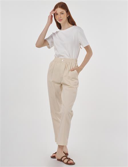 Elasticated Waist Straight-Leg Pants Ecru 