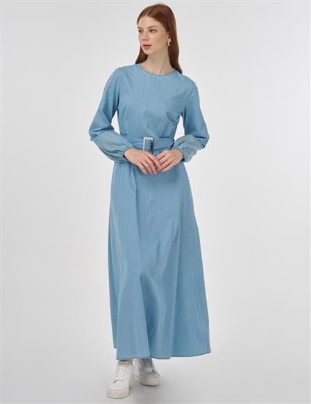 Buckle Detailed Cotton Maxi Dress Ice Blue