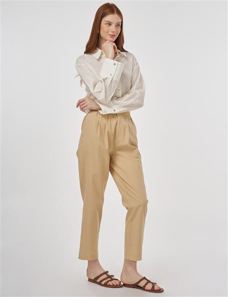 Beli Lastikli Boru Paça Pantolon Bej