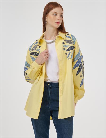 Nakış İşlemeli Pamuklu Tunik Limoni