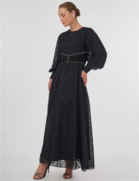 Drape Detaylı Jakarlı Elbise Siyah