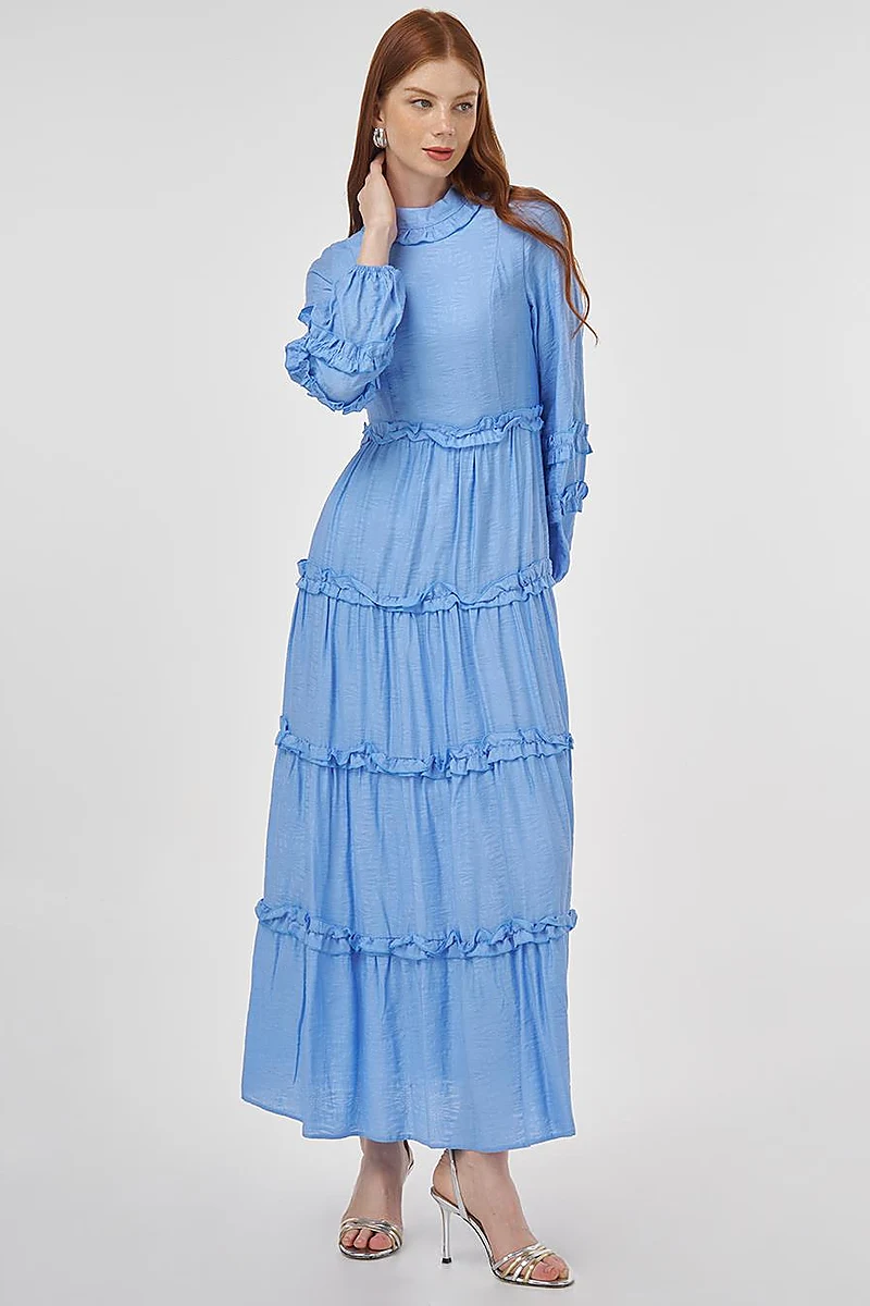 Ruffled Detail Viscose Dress Dusty Gray