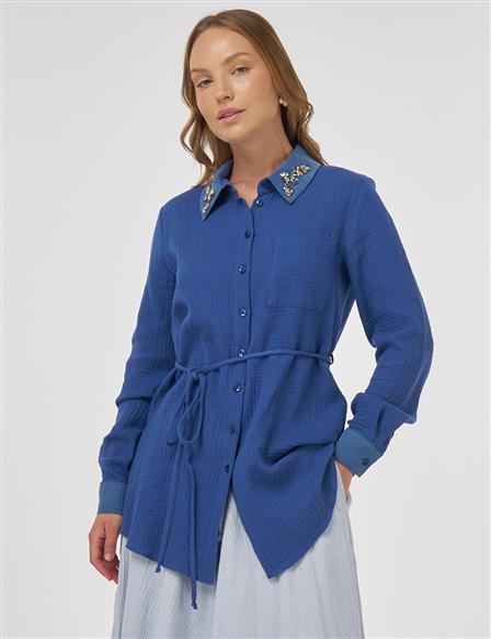 Yakası Taş İşlemeli Müslin Tunik İndigo