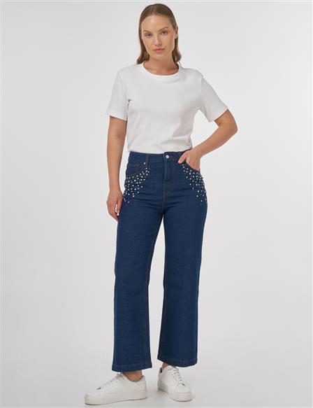 Taş İşlemeli Denim Pantolon Lacivert