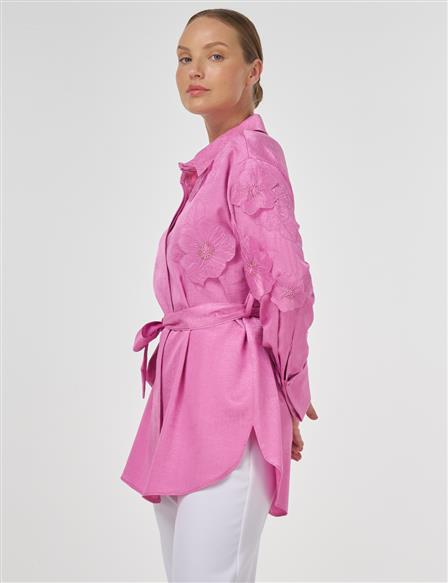 Çiçek Aplikeli Saten Tunik Şeker Pembe