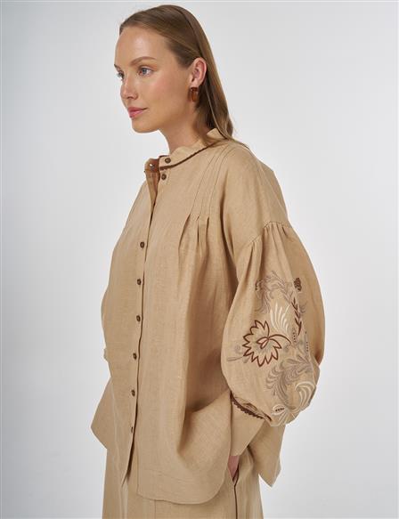 Embroidered Cotton Two-Piece Set Beige