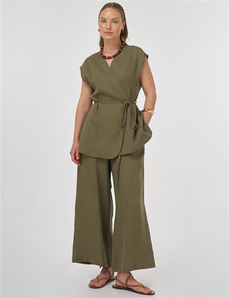 100% Linen Set with Vest Khaki