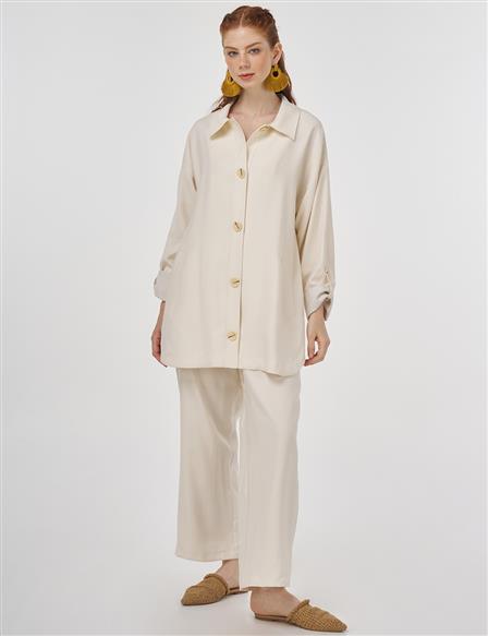 Button-Detail Rayon Two-Piece Set Ecru