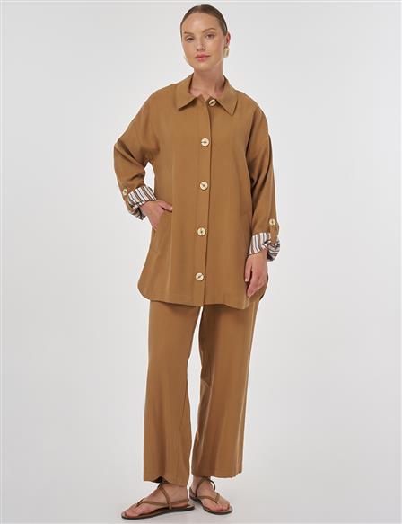Button-Detail Rayon Two-Piece Set Tobacco
