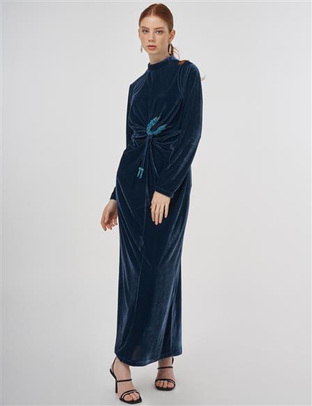 Accessory Detailed Velvet Dress Petrol