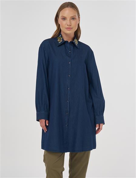 Embroidered Collar Cotton Tunic Navy 