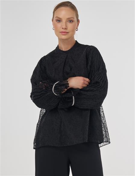 Stone-Embellished Elegant Blouse Black