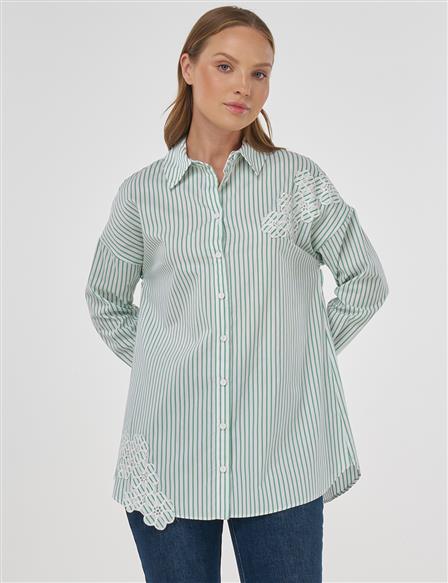 Çizgi Desen Aplikeli Pamuklu Bluz Benetton Yeşil