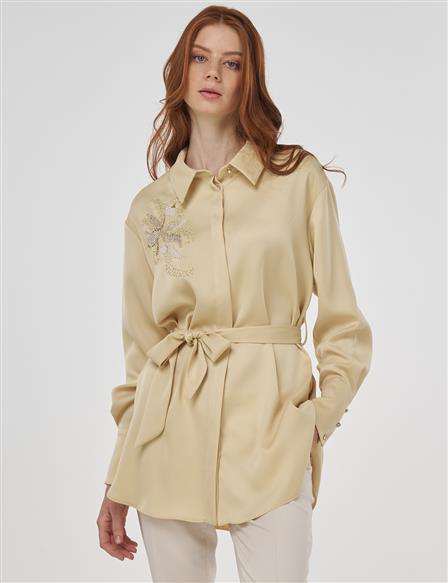 İşleme Detaylı Kuşaklı Saten Tunik Açık Sarı