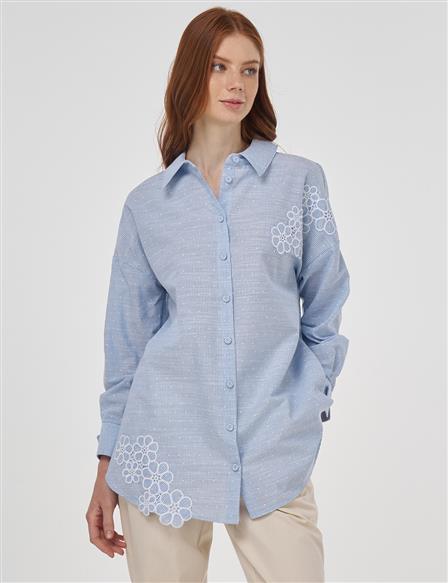  Floral Appliqué Cotton Tunic Blue