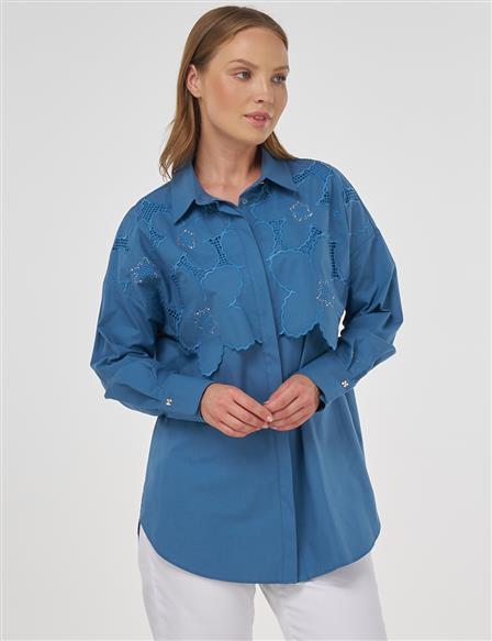Embroidered Appliqué Cotton Tunic Crown Blue