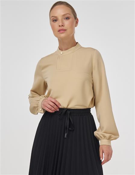 Button-Detail Viscose Blouse –Beige