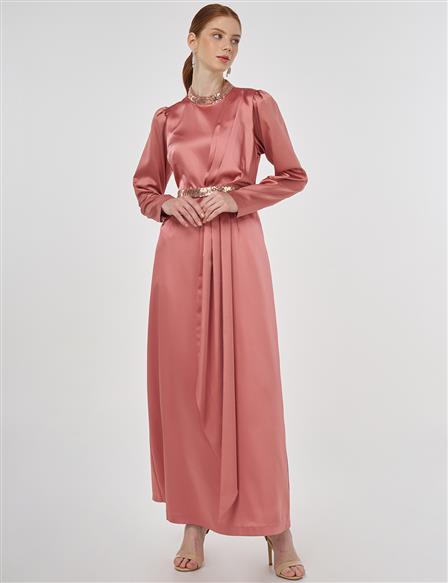 İşlemeli Saten Drapeli Elbise Rose Gold