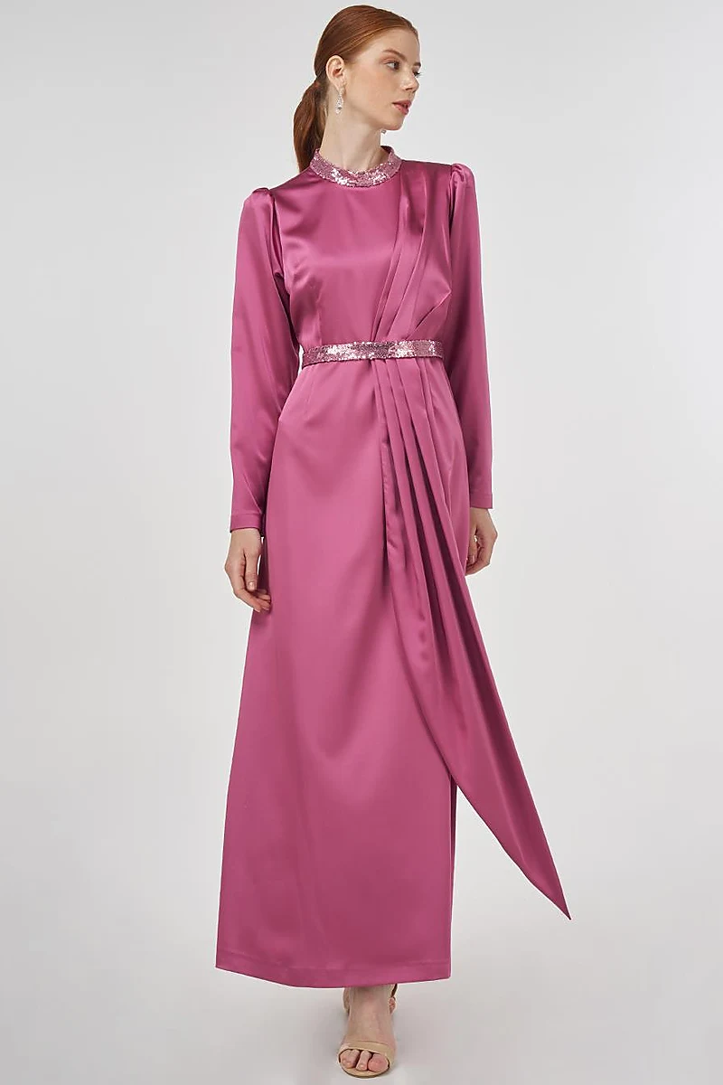 Embroidered Satin Draped Dress in Dusty Rose 