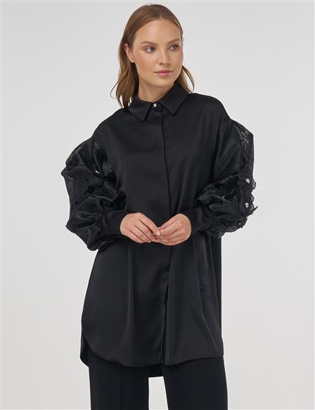 Floral Appliqué Satin Tunic in Black 