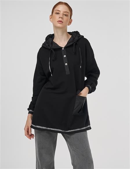 Shiny Stone Fabric Trimmed 3-Piece Sweatshirt Black
