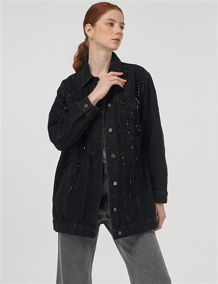 Boncuk İşlemeli Denim Ceket Siyah