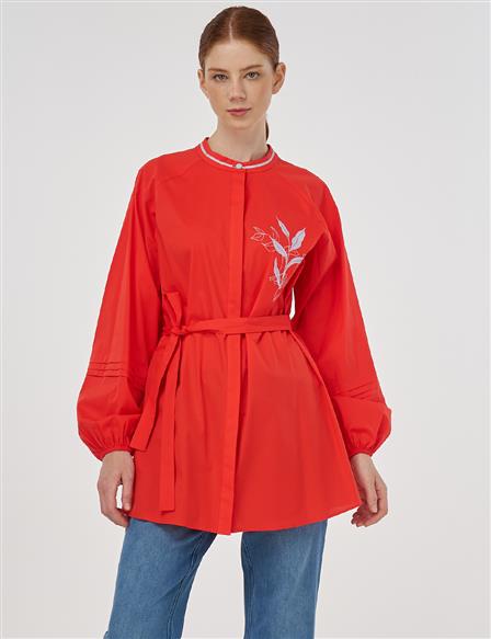 Ribbed Detailed Cotton Tunic Coral
