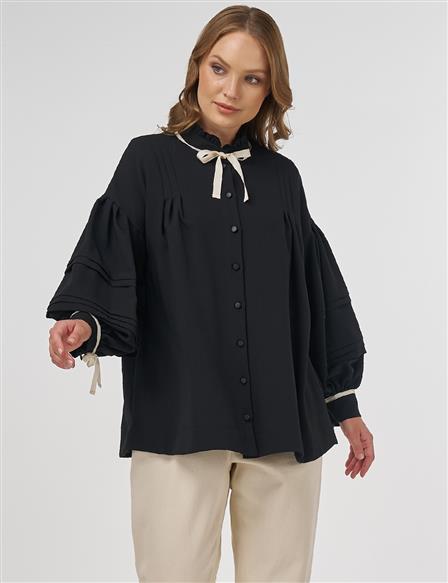 Pleated Detail Tie Blouse Black