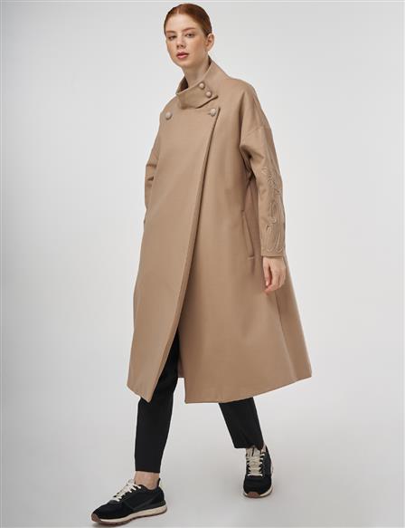 Stand Collar Wool Coat Beige