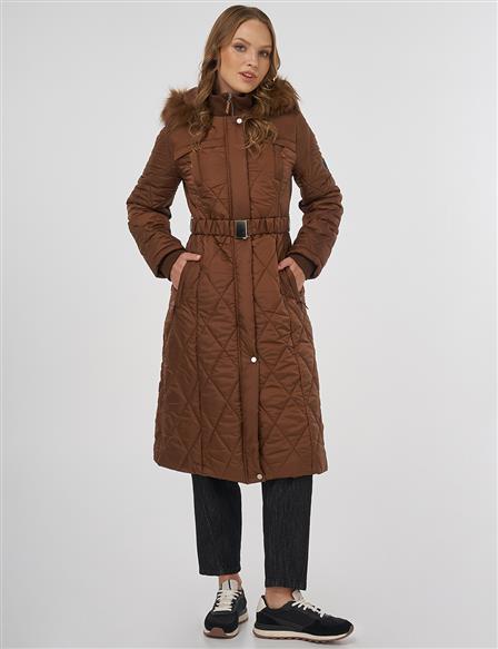High Collar Zipper Detailed Quilted Coat Brown