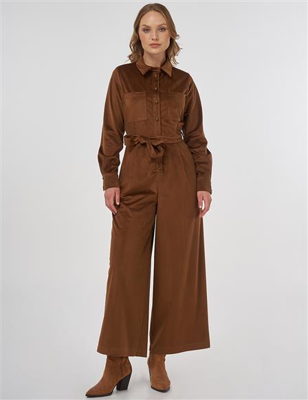 Belted Velvet Jumpsuit Camel
