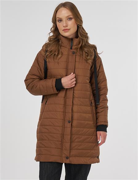 Dik Yaka Kapüşonlu Anorak Mont Camel 