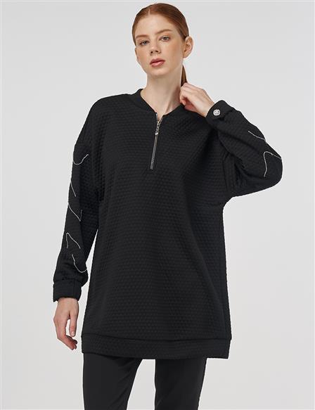 Taş İşlemeli Yarım Fermuar Kapamalı Sweatshirt Siyah 