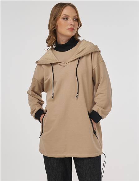 Kapüşonlu Üç İplik Sweatshirt Bej
