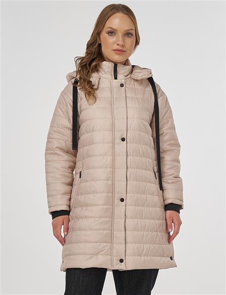 Dik Yaka Kapüşonlu Anorak Mont Krem
