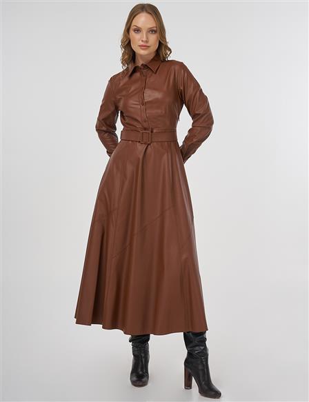 Stitched Detail Faux Leather Dress Tan
