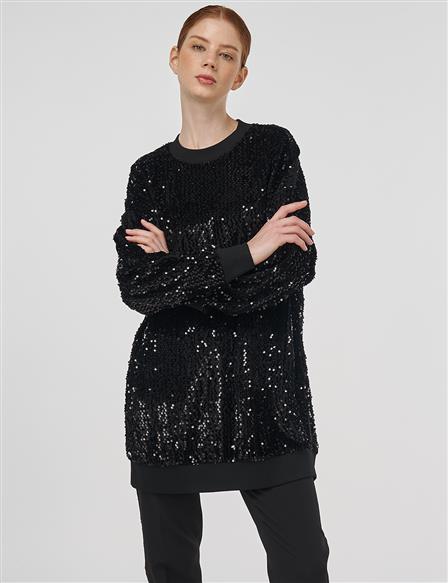 Payetli Sweatshirt Siyah 