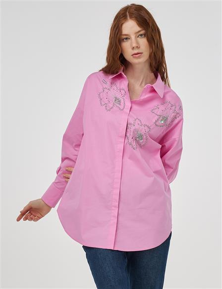 İşleme Detaylı Pamuklu Tunik Şeker Pembe 